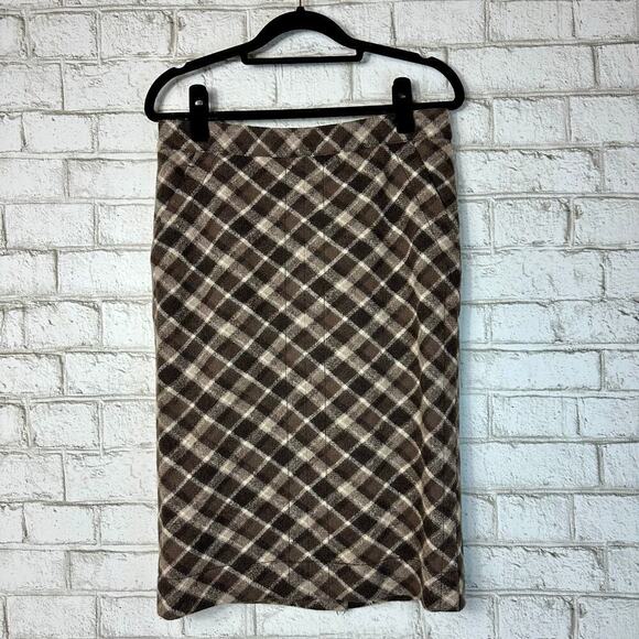 Tory Burch Wool Skirt Hawthorne Plaid Pencil Preppy Designer Brown White S - Picture 2 of 8